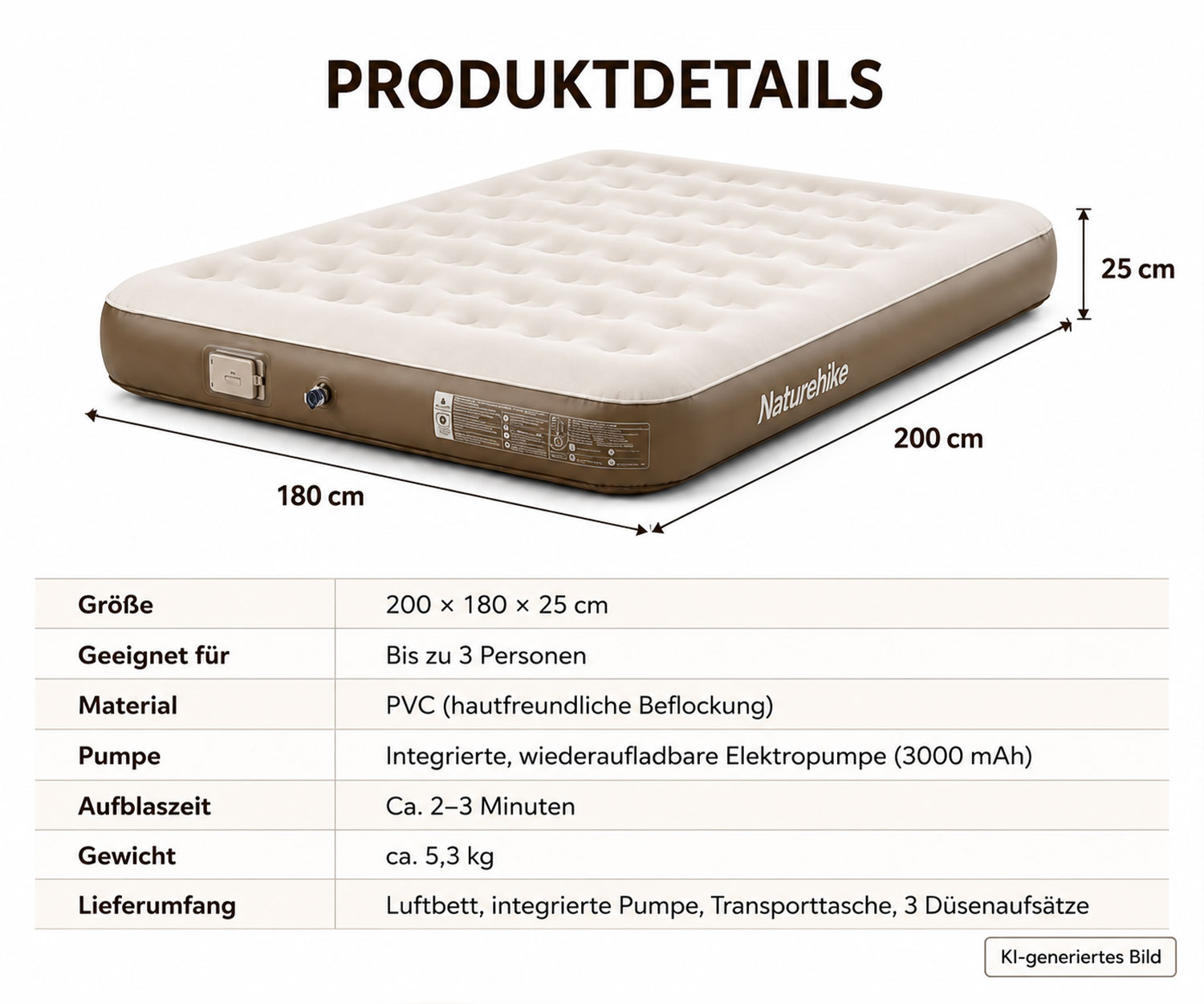 Selbstaufblasende Matratze mit integrierter Pumpe
