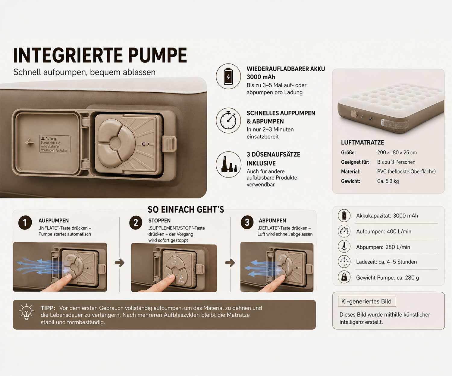 Selbstaufblasende Matratze mit integrierter Pumpe