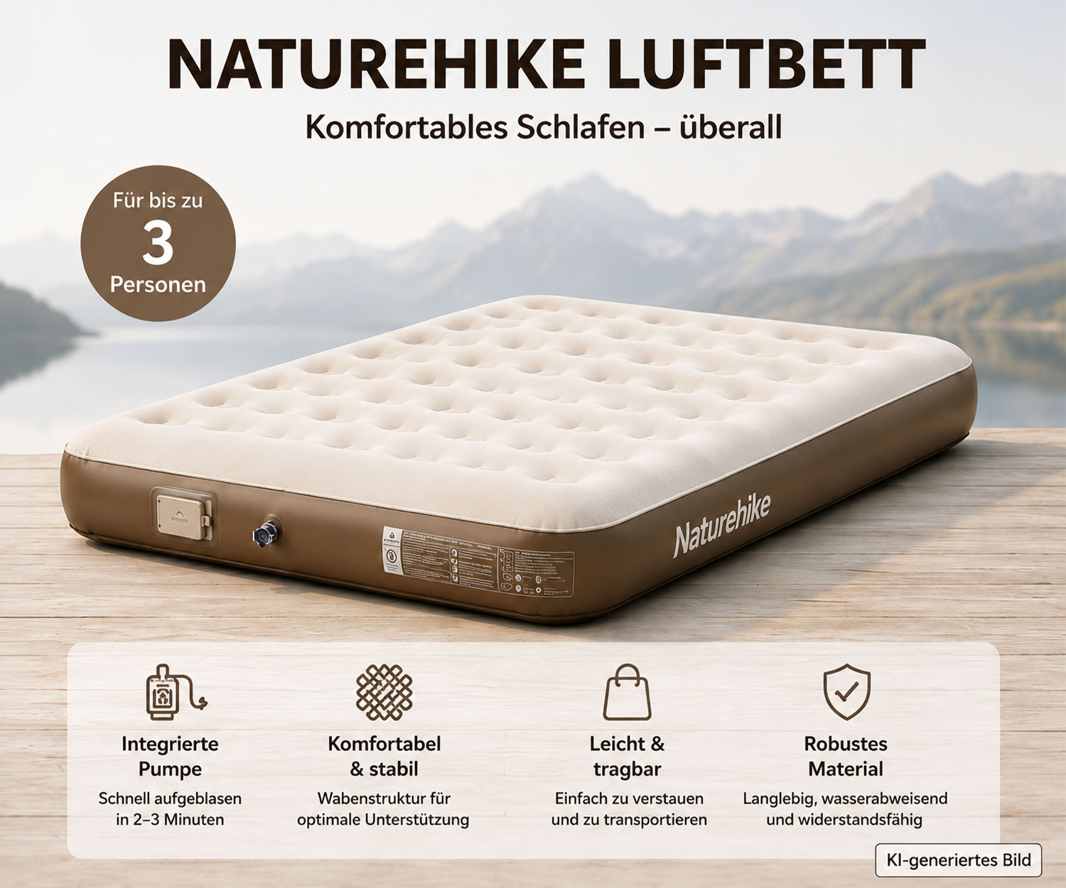 Selbstaufblasende Matratze mit integrierter Pumpe